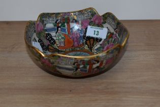 A 1920s Chinese Famille rose porcelain medallion bowl, having cut corners, gilt heightening and