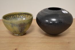 A studio pottery bowl and a contemporary ceramic vase having metal effect finish, signed to