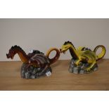 Two Wood Potters of Burslem dragon themed novelty teapots, of red and yellow glaze, each measuring