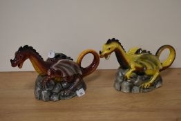 Two Wood Potters of Burslem dragon themed novelty teapots, of red and yellow glaze, each measuring