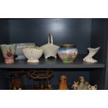 An assorted collection of ceramics and porcelain, including a Coalport basket, a Sylvac shell