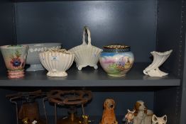 An assorted collection of ceramics and porcelain, including a Coalport basket, a Sylvac shell