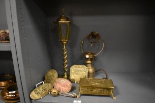 A collection of antique style tongue in cheek style brass and copper signs, an early 20th century