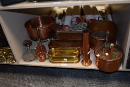 An assorted collection of brass and copperware, to include preserve pans