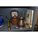 An assorted collection of 19th Century brass and copperware, including an Eastcheap measure, two