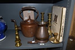 An assorted collection of 19th Century brass and copperware, including an Eastcheap measure, two