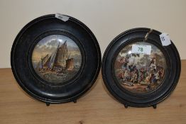 Two Victorian Pratt ware pot lids, depicting Maritime and Teniers style subject matter, largest 18cm