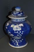 A 19th/20th Century Chinese lidded ginger jar, of blue and white prunus pattern, measuring 30cm