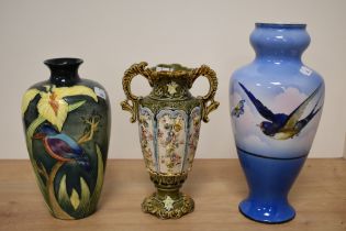 An old Tupton ware vase, having tube lined kingfisher and lilly pattern, and early 20th century vase