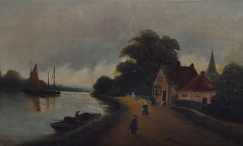 W.Harker (20th Century), oil on canvas, A naive riverside landscape, signed and dated 1911 to the