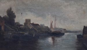 19th/20th Century School, oil on canvas, A tranquil riverside scene with boats, signed