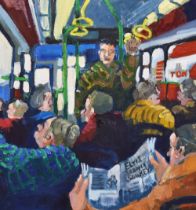 Artist Unknown (20th Century), oil on canvas, A busy bus scene, the newspaper to the foreground