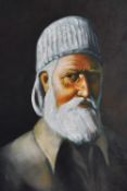 20th Century School, oil on canvas, A portrait of an elderly man wearing a taraz style hat,