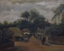 T.W. Harker (19th/20th Century), oil on canvas, A village scene depicting figures and horses, signed