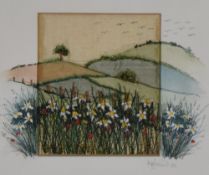 Kirsten Bell (20th Century, British), mixed media embroideries, A pair of interesting watercolour