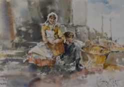 Gordon King (1939-2022, British), watercolour, A young boy and girl sitting beside a harbour wall,