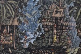 In the style of 'I Made Budi' (b.1932, Indonesian), coloured print, A primitive scene depicting