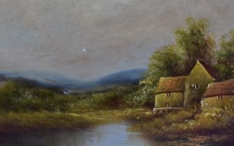 19th Century School, oil on board, an idyllic river landscape with farm buildings to the right,