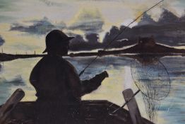 20th Century, oil on card, A silhouette of a fisherman, unframed, 52cm x 73cm, & two coloured