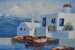 Artist Unknown (20th Century), oil on canvas, A Greek coastal scene, framed and under glass, 32cm