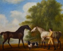 Follower of George Stubbs ARA (1724-1806), oil on canvas, Two horses, a jockey, and a dog, displayed