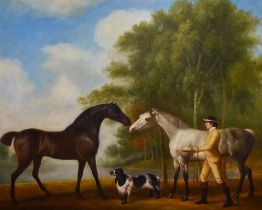 Follower of George Stubbs ARA (1724-1806), oil on canvas, Two horses, a jockey, and a dog, displayed