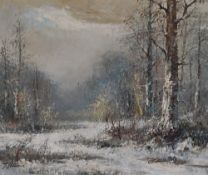 20th Century School, oil on board, A winter woodland landscape, impasto, signed indistinctly to