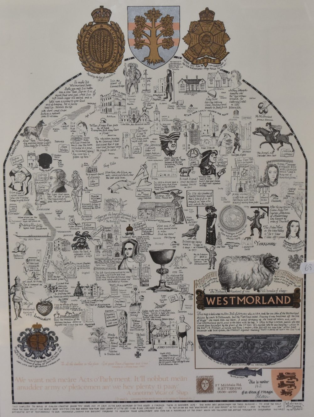 20th Century, coloured print, An illustrated and historical map of Westmorland, number 162, framed