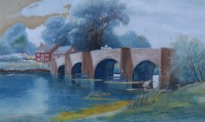 T.W. Harker (20th Century), gouache, A stone arched bridge with fisherman below, signed and dated