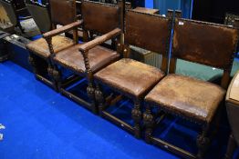 A set of four (three plus one) early 20th Century oak dining chairs having bulbous frames