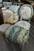 Three French style salon chairs, footstool etc