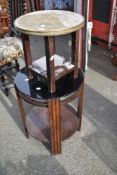 A vintage oak and glass topped occasional table and a small brass topped table