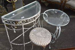 Two metal fraed glass top conservatory tables and a similar wicker topped stool