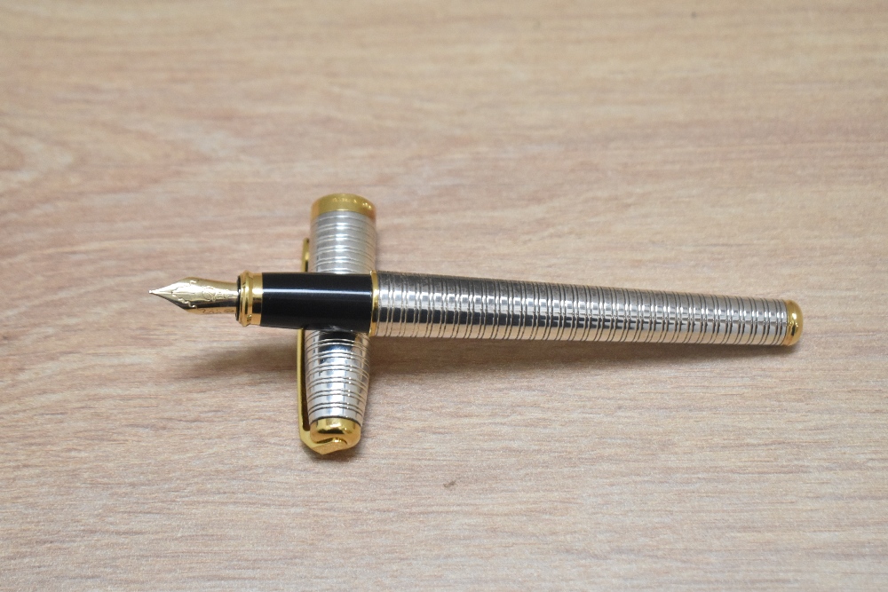 A S T Dupont Fidelio converter fountain pen silver plated hooped design with gold trim having 14k