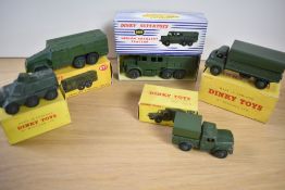 Five Dinky Military Die-casts, 621 3-Ton Army Wagon, boxed, end flap off but present, one internal