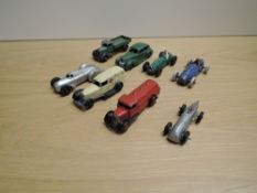 Eight early Dinky die-casts, 23K Talbot Lago, 233 Cooper Bristol, Chrysler, Ambulance, Petrol