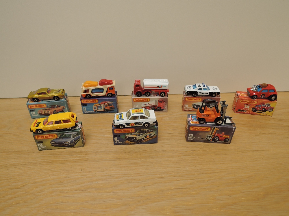 Eight Matchbox Series Superfast Lesney 1974-1982 die-casts, No 9 Ford RS 2000, white & dunlop label,