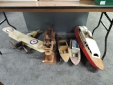 Five wooden kit built models, Bi-Plane, Stationary Engine, Cruiser Boats x3, in various conditions