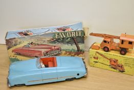 A 1950's JNF (Josef Neuhierl) tin plate and clockwork Favorit Cabriolet, light blue with red