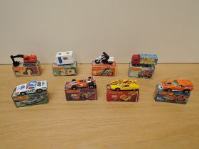 Eight Matchbox Series Superfast Lesney 1974-1982 die-casts, No 31 Caravan, No 32 Excavator, red,