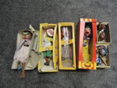 Six mixed vintage Pelham Puppets, SS Fritzi, SL Gepetto, A9 Mouse, Bengo , Girl wearing dress and