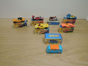 Seven Matchbox Superfast 1970-1974 die-casts, H & I Boxes, No 6 Mercedes 350SL, orange black roof,