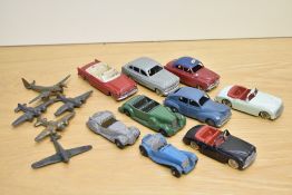 Nine Dinky and French Dinky playworn Die-casts, Lagonda, Simca 8 Sport x2, Frazer Nash, Jaguar,