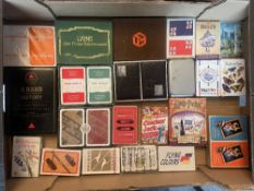 A box of vintage Advertising Playing Cards including Tetley, Nationwide, VSOP, Classic Cigars, Rolls