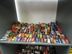 A shelf of playworn die-casts including Matchbox Racing Mini No 29 x2, Dinky Mini Clubman,
