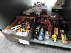 A shelf of playworn diecast and tin plate Vehicles, Corgi, Matchbox etc, Japanese no15 Racing Car,