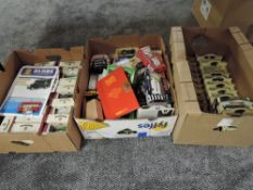 Three boxes of moderm die-casts including Oxford, Lledo and similar, most boxed, approx 80+