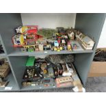 Two shelves of 00 gauge Accessories including Coal Stage, Magna Booking Office, Accessort Pack 1 &