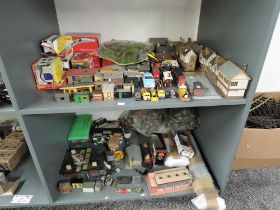 Two shelves of 00 gauge Accessories including Coal Stage, Magna Booking Office, Accessort Pack 1 &