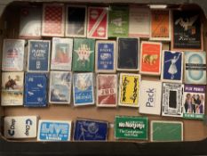A box of vintage Advertising Playing Cards including Konica, Union Transport Finance, Gamko, Berger,